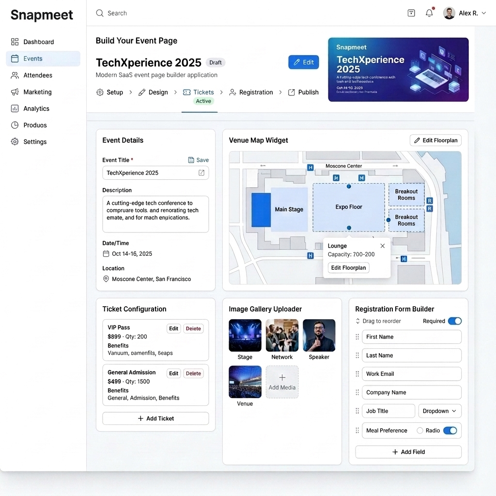 Snapmeet Event Builder UI Screenshot with Custom Form Fields